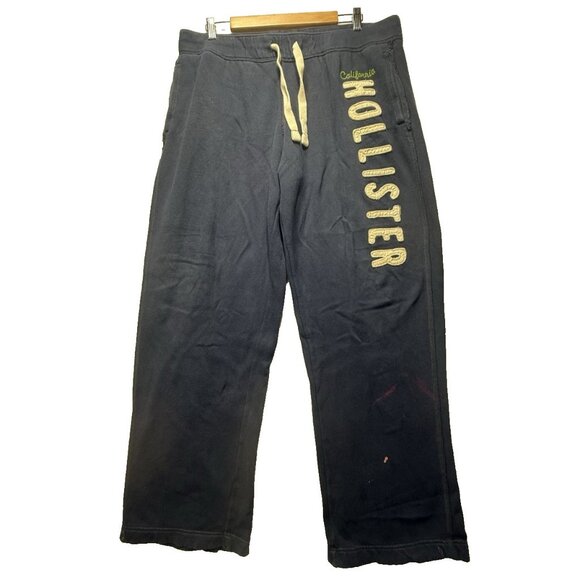 Vtg Y2K Hollister Navy Blue Stitched Spellout Sweatpants Men's Sz M Distressed - Picture 1 of 8